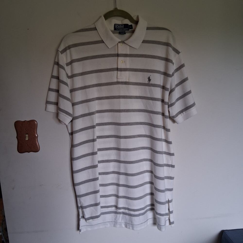 Polo by Ralph Lauren Men’s L Cream Gray Striped Polo Shirt 100% Cotton